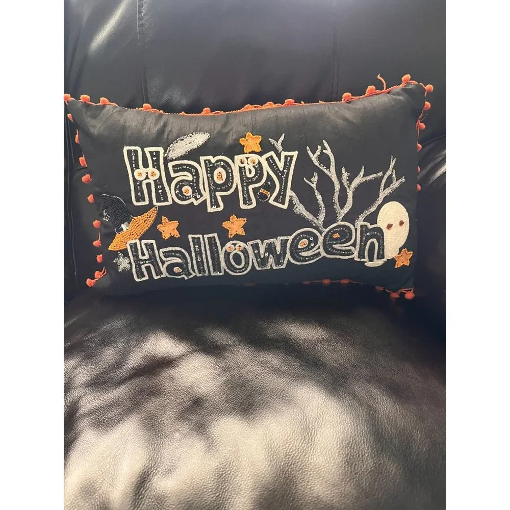 Happy Halloween Black ghost Throw pillow